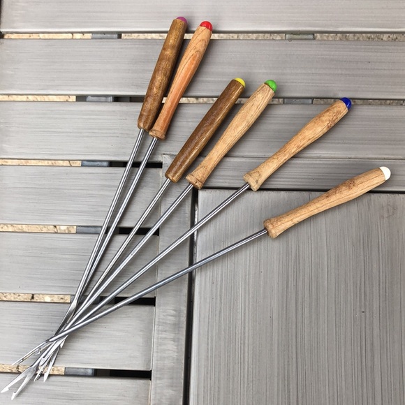 Set of Six Gently Used Fondue Forks-Wooden Handles-Vintage - Picture 2 of 13